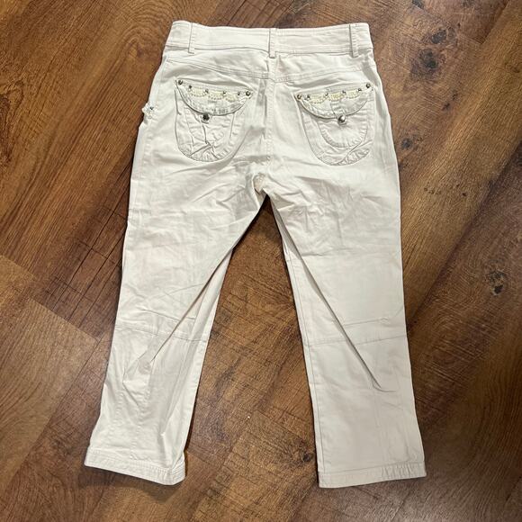 Caché Tan Cargo Pants Size 4 Embellished Satin Trim Stretch Utility Style - Picture 6 of 9